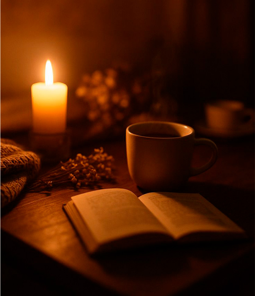 Mesa de trabalho com livro aberto e luminária